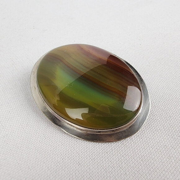 Vintage Pewter Striped Agate Brooch - Picture 2 of 6